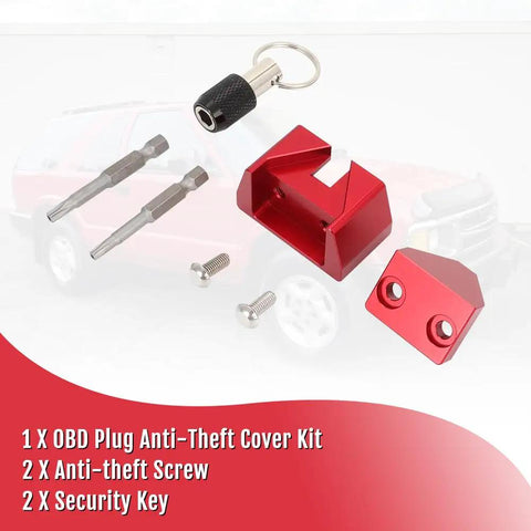 Heavy Duty Aluminum OBD Port Lock With Security Screw Tool Kit includes anti-theft cover, screws, and security keys.