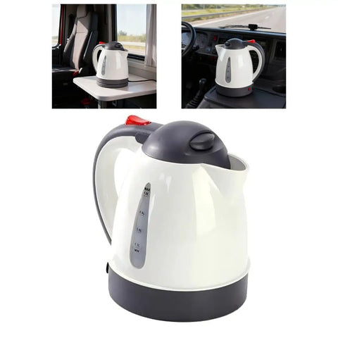Heavy Duty 24V Electric Kettle For Trucks Built Like A Tank With Auto Shut Off 1 Liter Portable Water Heater in a truck cabin.
