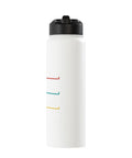 Side view of aviation enthusiast gift dope stainless steel insulated water bottle with colorful lines on white background