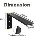 Dimensions of Countertop Support Bracket 2 Pack Heavy Duty Hidden L Bracket 12x6x2.5 Inches for Quartz Granite Laminate Black.