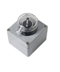 Front view: gray metal explosion-proof push-button control box with clear circular lid and 1P rotary cover