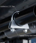 Close-up of U-Bolt Exhaust Clamp 1.75 Inch OD securing exhaust pipe underneath car, universal muffler clamp with zinc finish.