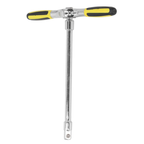 Go-To T Handle Ratchet Wrench And Quick Release Socket Kit With Built In Magnet And Comfort Grip for auto repair, chrome steel, T-handle design.