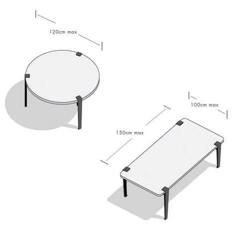 Slick Clamp On Adjustable Table Legs, 37 Inch black iron feet shown under round and rectangular tabletops with max dimensions.