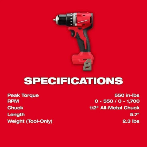 Compact 2-Tool Combo Kit with Brushless Impact Driver and Wrench Boss Gear for Demanding Jobs specifications display on red background.