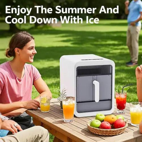 Compact Countertop Nugget Ice Maker Slaps Out Fresh Ice In Ten Minutes With Zero Sweat Self Cleaning System And Slick Storage Basket Built For Everyday Home Office Rv Or Game Day Hangouts in outdoor setting with beverages.