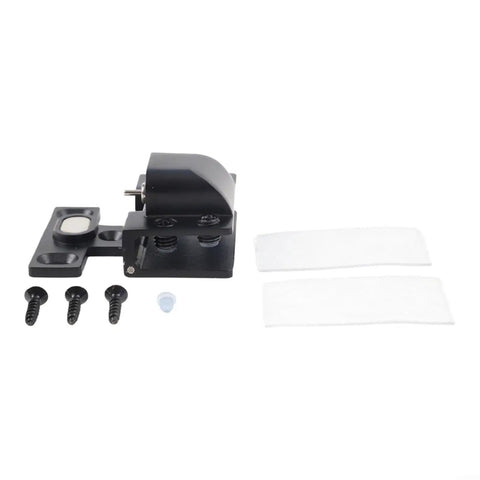 Boss Level Stainless Steel Hydraulic Glass Door Hinge Offering No Hassle U Shape Clip Installation And Smooth Operator Soft Close Action For Frameless Doors In Sleek Black with screws and installation accessories.