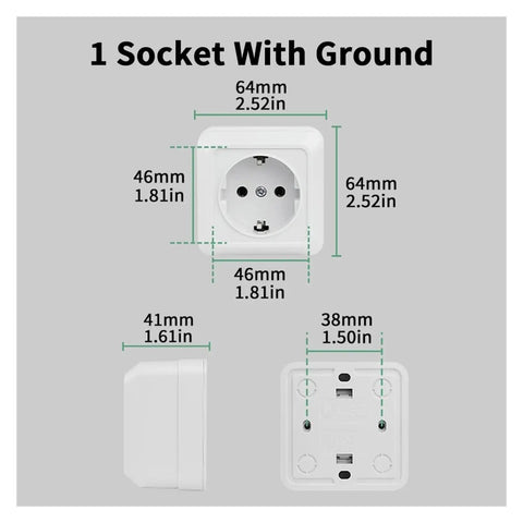 Heavy Duty White Wall Outlet Socket With Ground Wire Switch 16A 220V EU Standard 2 Gang 1 Way showing dimensions and installation view.
