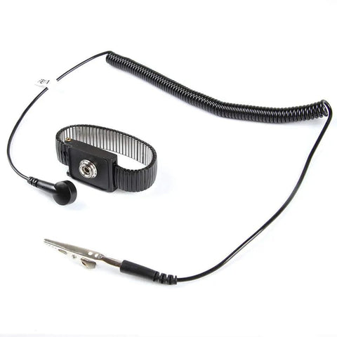 Anti Static ESD Adjustable Metal Wrist Strap With 8 Foot Coiled Cord Heavy Duty Grounding Wristband For Electronics Assembly Work Durable Anti Static Bracelet Personal Safety Protector Black on white background.