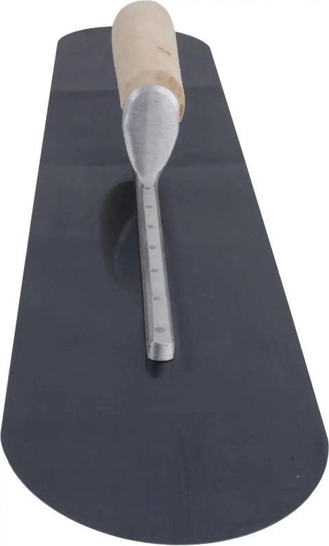 Fully Rounded Concrete Finishing Trowel With Blue Steel Blade And Wood Handle, top view, 24 By 5, Durable Hardened Spring Steel