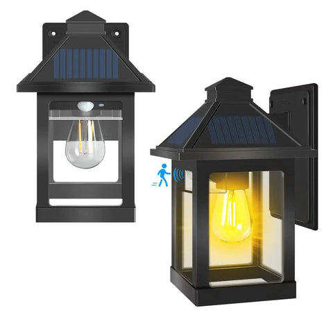 Solar Powered Outdoor Wall Lanterns Waterproof With 3 Modes No Fuss 2 Pack Wireless Dusk To Dawn LED Sconce Lights Motion Sensor Wall Mount Porch Light For Patio Garden Yard With Clear Cover, showcasing motion sensor and solar panel design.