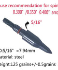 125 Grain Screw In Archery Field Points, Five Sixteenths Inch Steel Target Points with dimensions and material specifications