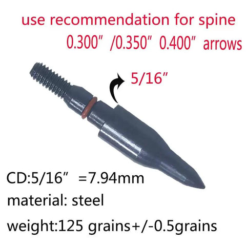 125 Grain Screw In Archery Field Points, Five Sixteenths Inch Steel Target Points with dimensions and material specifications