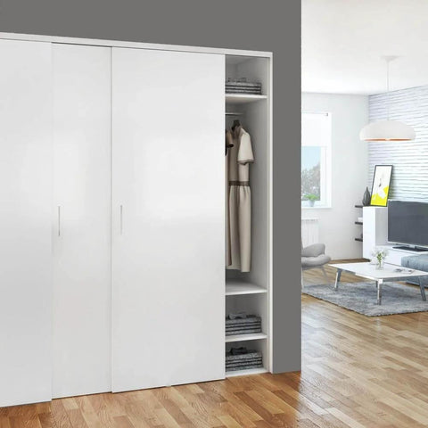 Beefy 106 Inch Double Track Sliding Closet Door Hardware Kit For 2 Or 3 Bypass Doors Up To 100 Lbs Per Door Ceiling Mounted Top Hung Track Cut To Fit Silver Finish installed in living room