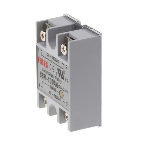Rock Solid 100A Single Phase SSR Relay For Industrial Automation Temperature Control in gray casing with label showing rating and inputs.