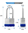 Six Pack Laminated Steel Keyed Padlocks With Long Shackle For Hasps Latches Sheds Fences Storage Lockers Schools And Gyms Use The Same Key For Easy Access, showing dimensional measurements.