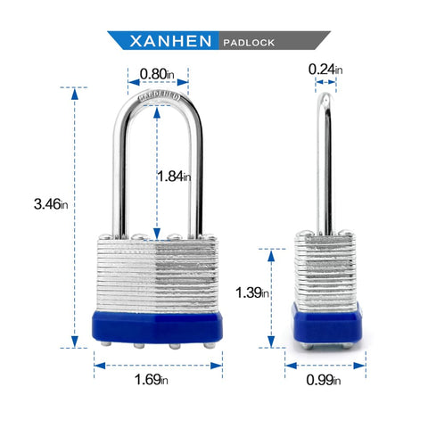 Six Pack Laminated Steel Keyed Padlocks With Long Shackle For Hasps Latches Sheds Fences Storage Lockers Schools And Gyms Use The Same Key For Easy Access, showing dimensional measurements.