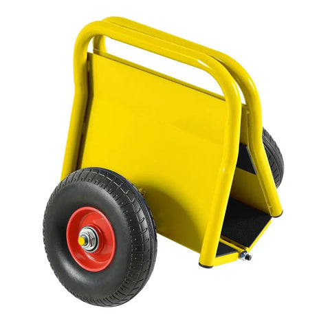 Built Like A Tank Heavy Duty Drywall Door Dolly With Snappy Auto Clamp And Smooth Rolling Ten Inch Solid Rubber Wheels Premium Steel Sheet Carrier Handles The Nitty Gritty Of Moving Drywall And Plywood Slabs Easy Yellow, featuring a solid yellow frame and large rubber wheels.