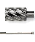 Two-piece HSS annular cutter set with Weldon shank (1-5/8 in x 2 in) and matching drill bit