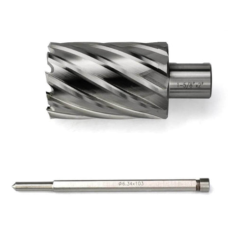 Two-piece HSS annular cutter set with Weldon shank (1-5/8 in x 2 in) and matching drill bit