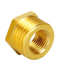 Close-up of brass hex bushing reducer, 1/2 in NPT female to 3/4 in GHT male garden hose adapter