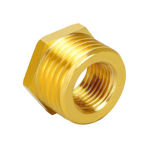 Close-up of brass hex bushing reducer, 1/2 in NPT female to 3/4 in GHT male garden hose adapter