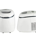 Portable Countertop Ice Machine Automatic Electric Rapid Freeze Makes Three Distinct Cube Sizes In Under Fifteen Minutes With Built In Safety Shut Off Perfect Home Bar Workhorse For Weekend Hangouts And Backyard Bbqs White Finish, viewed from two angles.