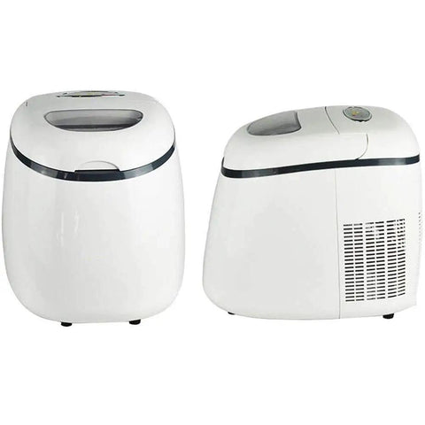 Portable Countertop Ice Machine Automatic Electric Rapid Freeze Makes Three Distinct Cube Sizes In Under Fifteen Minutes With Built In Safety Shut Off Perfect Home Bar Workhorse For Weekend Hangouts And Backyard Bbqs White Finish, viewed from two angles.