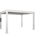 Windham 14 Ft By 12 Ft Modern Galvanized Steel Pergola Kit with visible PowerPort outlets and USB ports, shown in bright white finish.