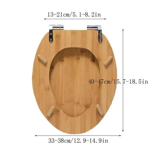 Top Shelf Thickened Toilet Seat With Quiet Drop Lid And Contoured Wooden Cushion For Chic Home Bathrooms No Sweat Setup Plus Heavy Duty Soft Close Guarantees Rock Solid Everyday Comfort, bamboo material with measurements.