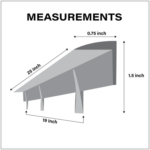 Diagram of Stove Gap Filler Silicone Covers showing dimensions: 25 inch length, 0.75 inch gap fill, black, stainless steel clips included.
