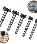 Front view of five Amazon wood hinge-bore drill bits set (15/20/25/30/35mm) with steel shanks.