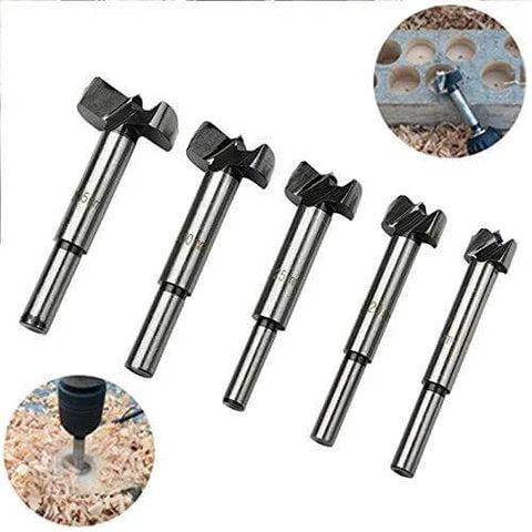 Front view of five Amazon wood hinge-bore drill bits set (15/20/25/30/35mm) with steel shanks.