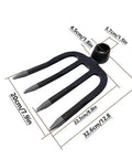 Heavy Duty Forged Eye Hoe Fork For Garden With Four Tines High Carbon Steel Spading Tool, shown with dimensions in cm and inches.