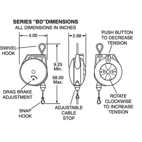 BD 05 Tool Balancer With ABS Housing And 6 Foot Galvanized Steel Aircraft Cable Light Duty Suspension dimension diagram