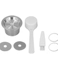 Premium Reusable Stainless Steel Coffee Filter Pods For Drip Machines with scoop, cleaning brush, and double mesh screens.
