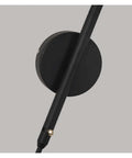 Slick Adjustable Double Head Wall Sconce Lamp In Modern Black Finish With Swivel Pole Design For Cozy Bedroom Reading Vibes And Chic Home Decor Upgrades, close-up of black round wall mount and pole.