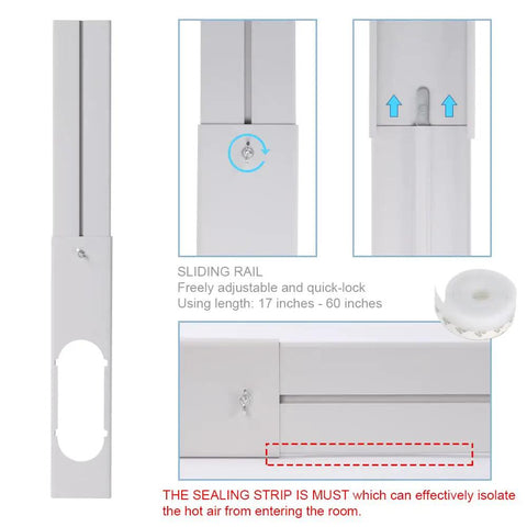 Portable AC Window Kit with Adjustable Vertical and Horizontal Sliders showing 17-60 inch slider lock and seal details.