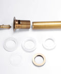 Antique Solid Brass Pop Up Sink Drain Stopper With Overflow For Bathroom Vanity, includes gaskets and brass nut, disassembled view