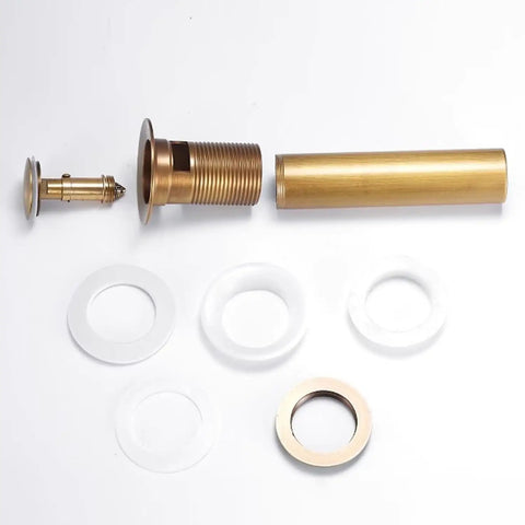 Antique Solid Brass Pop Up Sink Drain Stopper With Overflow For Bathroom Vanity, includes gaskets and brass nut, disassembled view