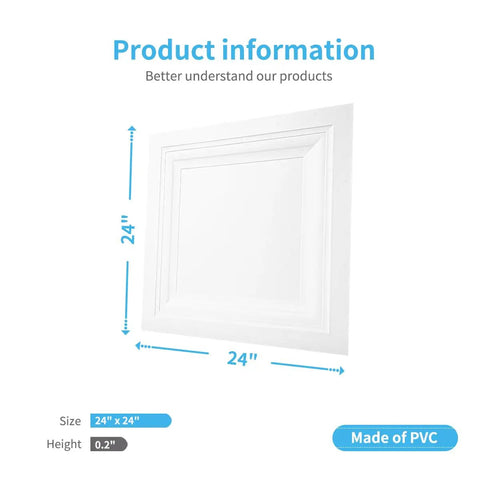 Product specs of 12 Pack Square Drop Ceiling Tiles 2 Ft By 2 Ft White PVC Ceiling Panels For Fifteen Sixteenth Inch Grid System