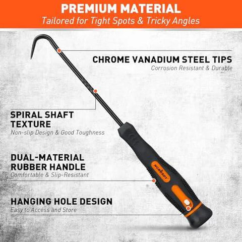 HORUSDY hook and pick automotive tool with angled view, black and orange rubber handle, chrome vanadium steel tips.