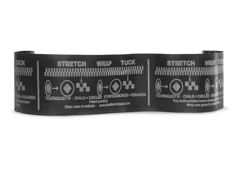 Tourniquet Black For Quick Massive Hemorrhage Control With Stretch Wrap And Tuck System Ready For On Scene Emergency First Aid And Military Or Civilian Prehospital Care Made In USA, showing stretch, wrap, and tuck instructions on black band.