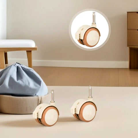 4pcs Crib Caster Wheel Set with Grip Neck Stem, PU Silent Locking, shown on smooth floor with soft storage bag.