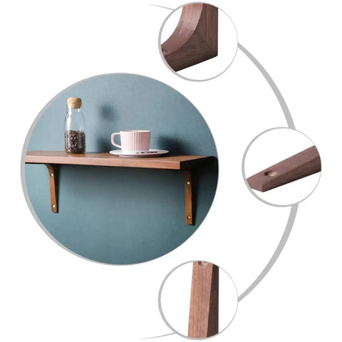 Heavy Duty L Corner Braces With Authentic Wood Grain Finish supporting a wall shelf displaying a cup and bottle.