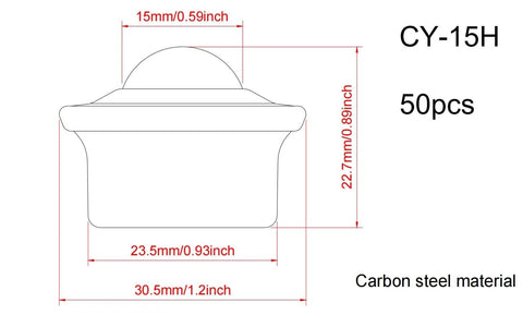Technical drawing of 50 Pack 5/8 Inch Ball Transfer Bearings Set For Industrial Conveyors, dimensions included, carbon steel material.