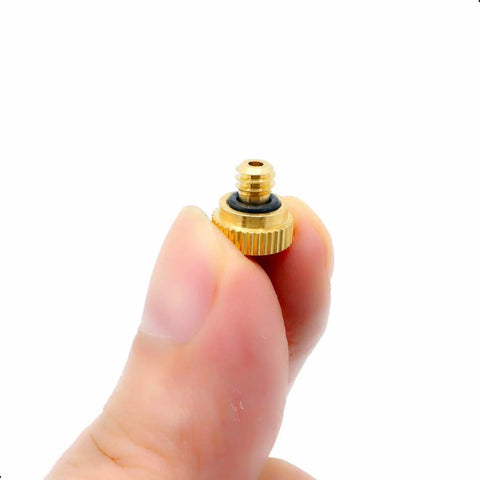 Brass Misting Nozzle Replacement Heads 0.2mm Orifice 10/24 UNC Outdoor Cooling System, 10 Pack, held in hand