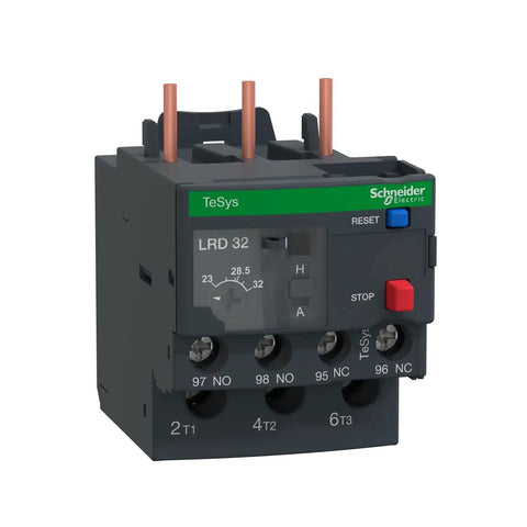 LRD32 Thermal Overload Relay For Motors 23-32A Class 10A industrial grade, black panel-mount device with control dials, front view.