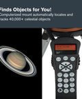 Beginner Friendly Computerized Newtonian Telescope With GoTo Mount keypad and image of Saturn, displaying tracking capability.