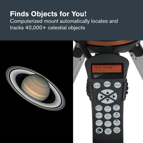 Beginner Friendly Computerized Newtonian Telescope With GoTo Mount keypad and image of Saturn, displaying tracking capability.